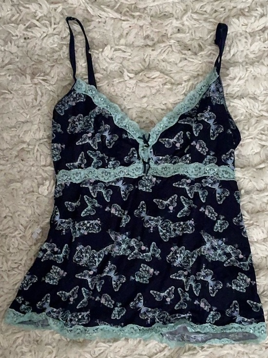 Jessica Simpson Tops - Y2K Navy Blue Lace Trim Butterfly Cami Top